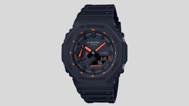 Khung viền và dây đeo của đồng hồ G-Shock GA-2100-1A4DR đều được làm từ nhựa, bền bỉ và chống nước tốt