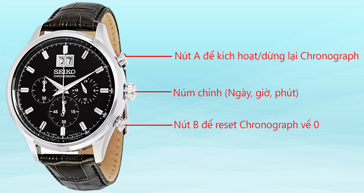 Sử dụng tính năng chronograph bấm giờ thể thao trên đồng hồ 6 kim 3 nút