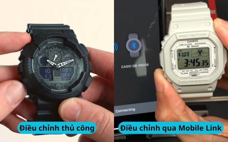 Hình ảnh mô tả hai phương pháp cách chỉnh giờ đồng hồ G-Shock: thủ công và qua Bluetooth, giúp người dùng dễ dàng cài đặt thời gian.