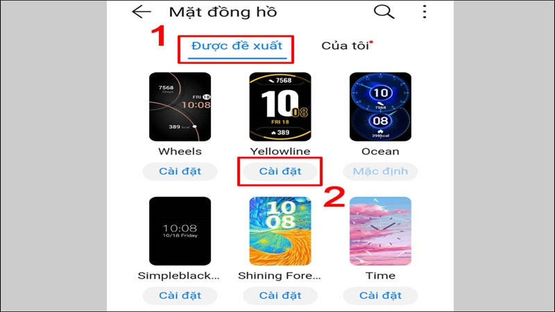 Giao diện lựa chọn hình nền trên ứng dụng smartwatch, hiển thị nhiều kiểu dáng khác nhau