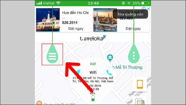 Nút giọt nước màu xanh để chọn các tiện ích bổ sung trên ứng dụng SeTracker