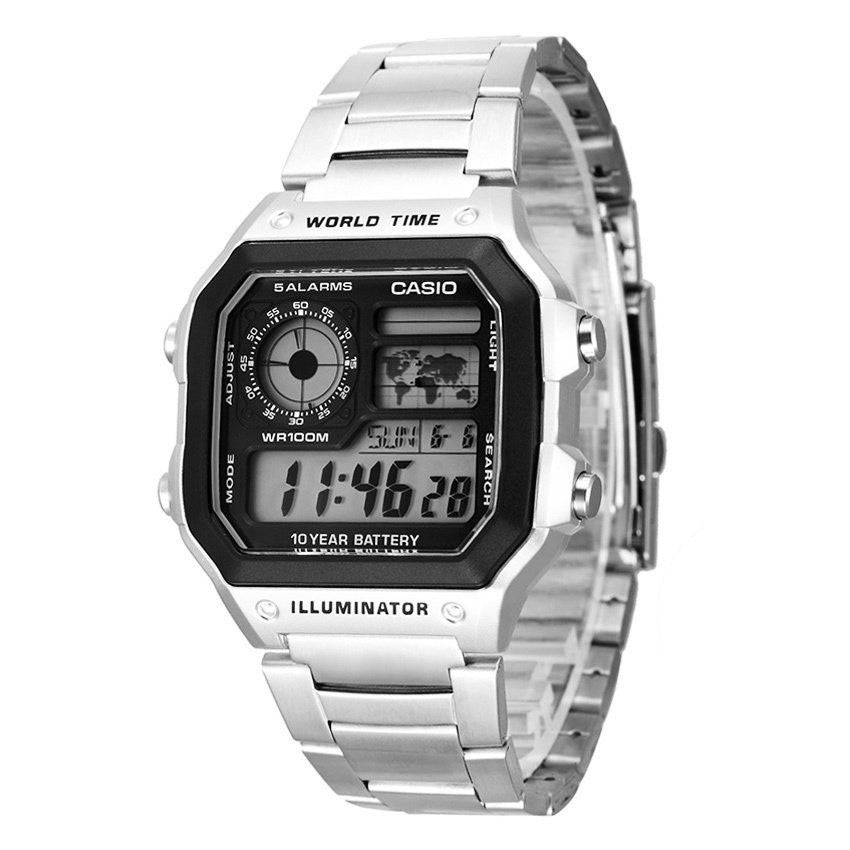 Đồng hồ Casio Illuminator AE1200WHD với mặt số điện tử độc đáo, hình ảnh minh họa cho khả năng kết hợp đồng hồ Casio Illuminator dây da phong cách.
