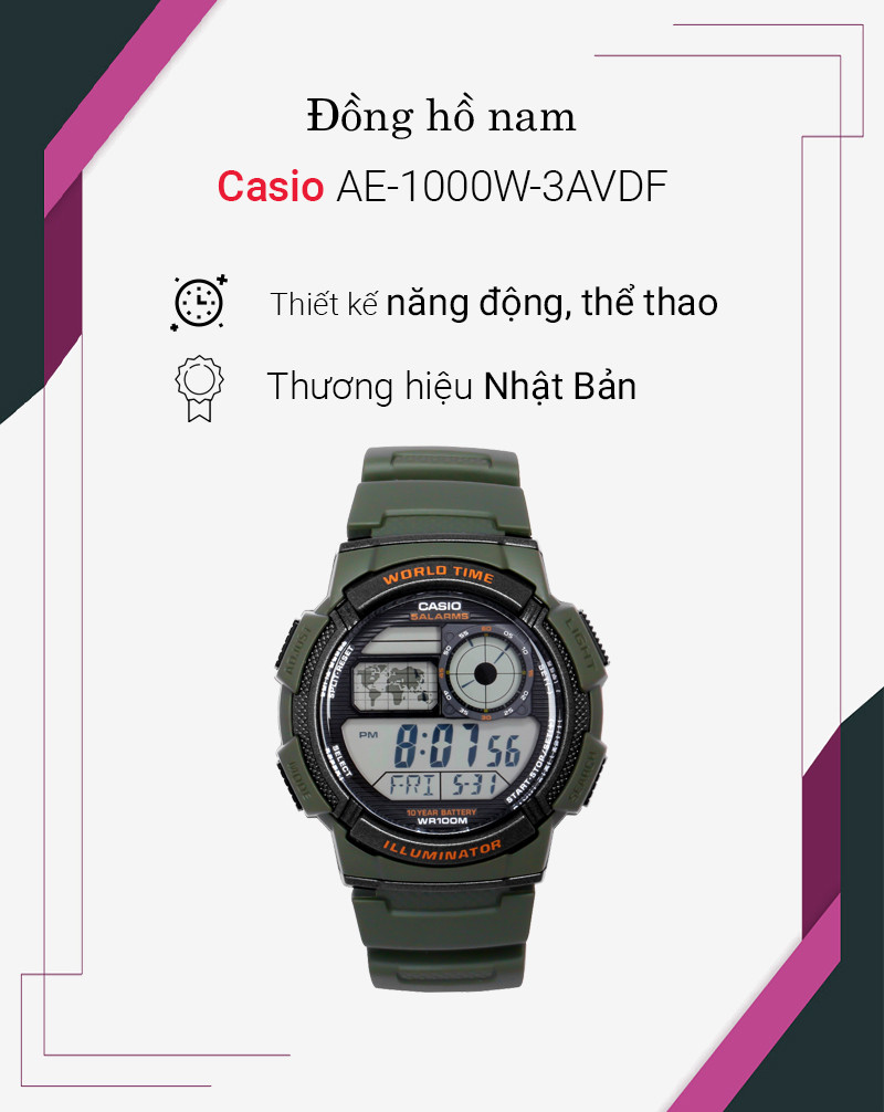 Đồng hồ nam Casio AE-1000W-3AVDF với thiết kế mặt tròn thể thao và dây nhựa màu xanh rằn ri