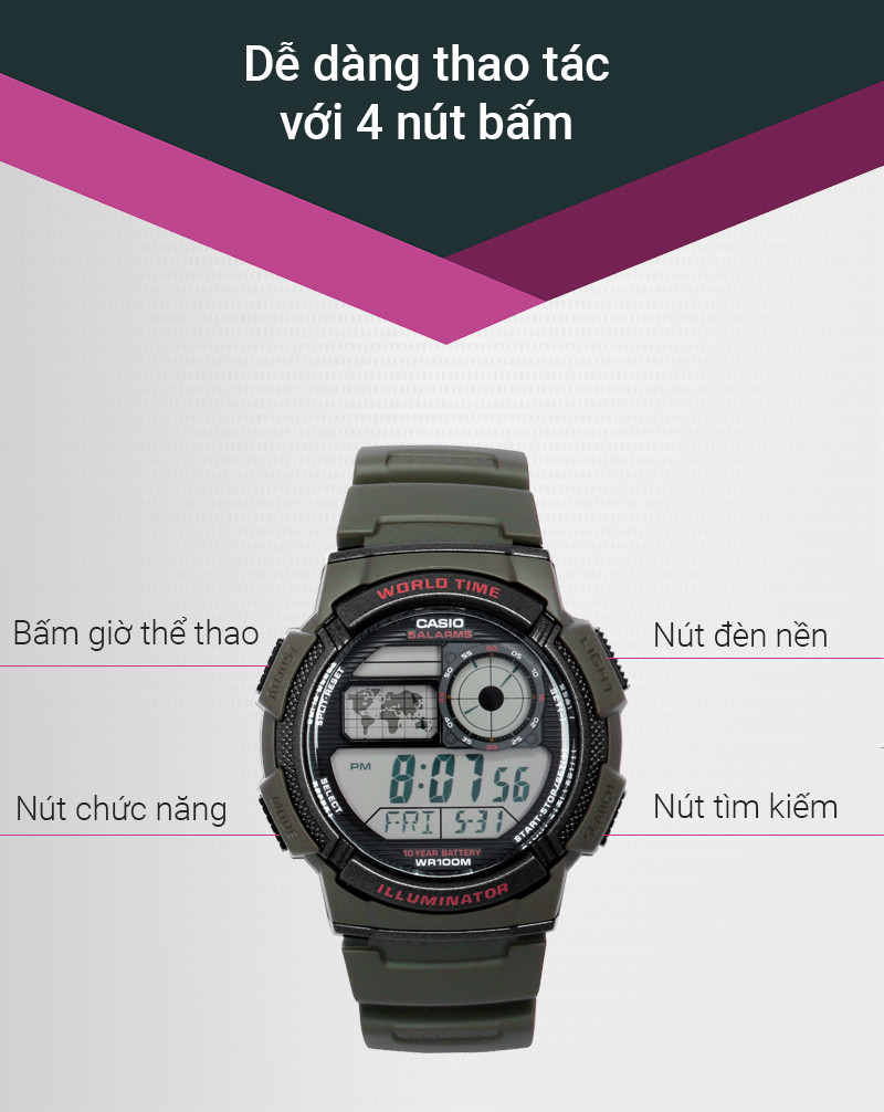 Cận cảnh mặt đồng hồ nam Casio AE-1000W-3AVDF hiển thị các nút điều chỉnh chức năng
