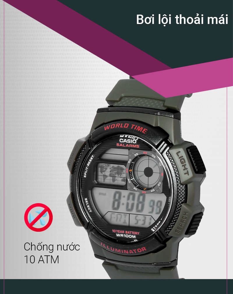 Đồng hồ Casio AE-1000W-3AVDF đang được đeo trên tay, minh họa khả năng chống nước vượt trội