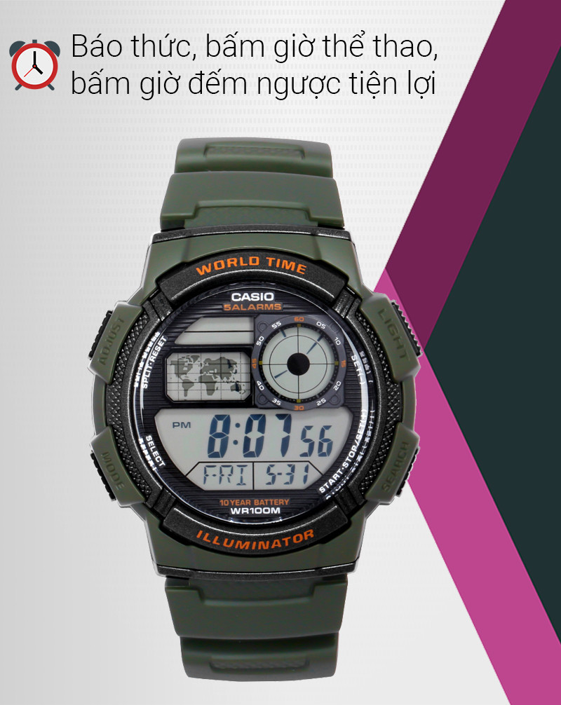 Mặt hiển thị chính của đồng hồ nam Casio AE-1000W-3AVDF với nhiều thông tin và chức năng tiện ích