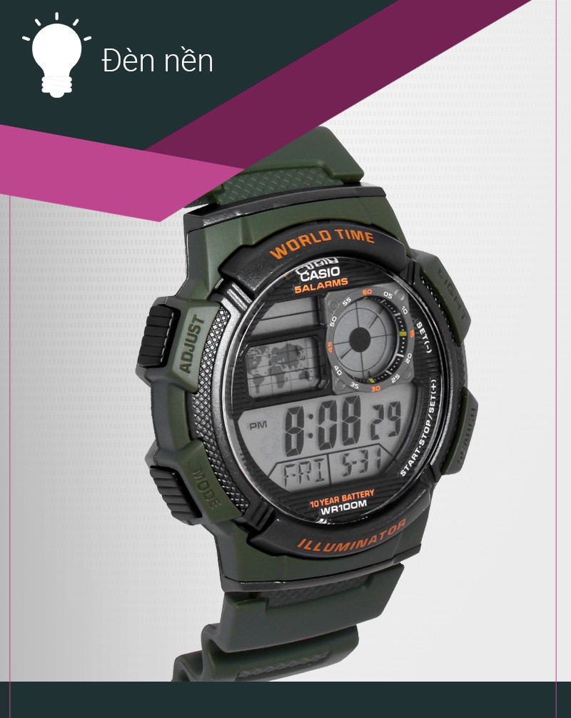 Chế độ đèn nền sáng rõ của đồng hồ nam Casio AE-1000W-3AVDF trong điều kiện ánh sáng yếu