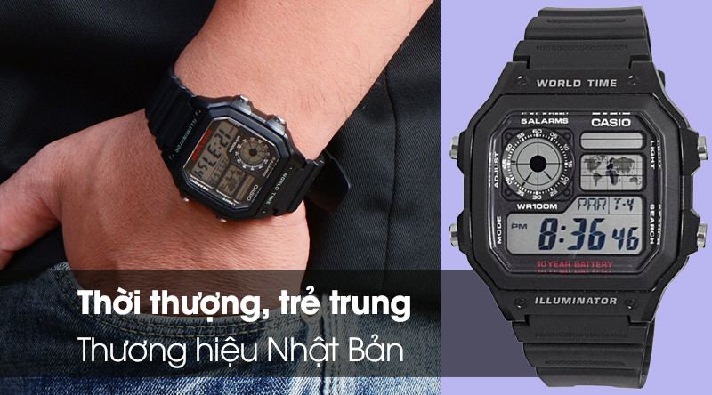 Đồng hồ Casio AE-1200WH-1AVDF với thiết kế mặt số điện tử trẻ trung, năng động
