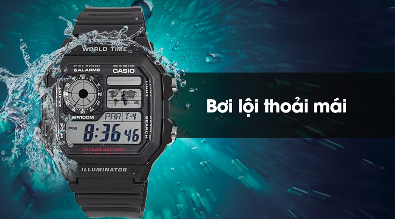 Khả năng chống nước 10 ATM của đồng hồ Casio AE-1200WH-1AVDF cho phép sử dụng khi bơi lội