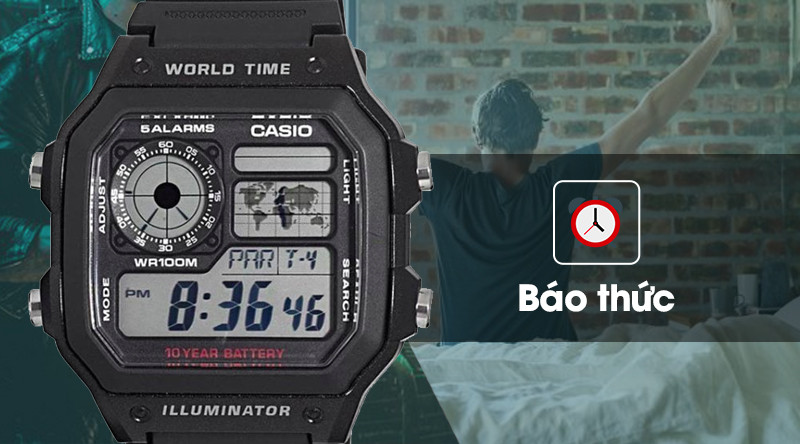 Chức năng cài đặt 5 mức báo thức tiện lợi trên đồng hồ Casio AE-1200WH-1AVDF