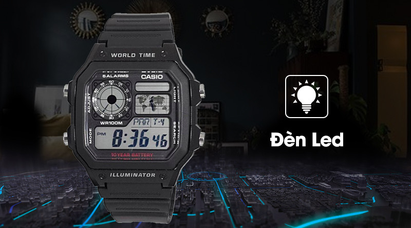 Đèn LED sáng mạnh của đồng hồ Casio AE-1200WH-1AVDF giúp xem giờ trong điều kiện thiếu sáng