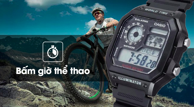 Tính năng bấm giờ thể thao đa dạng của đồng hồ Casio AE-1200WH-1AVDF hỗ trợ luyện tập