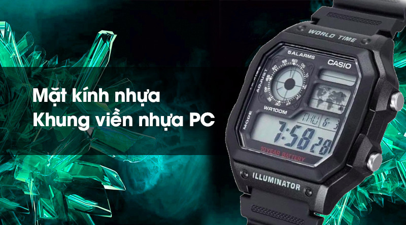 Khung vỏ và mặt kính bền bỉ của đồng hồ Casio AE-1200WH-1AVDF bảo vệ bộ máy
