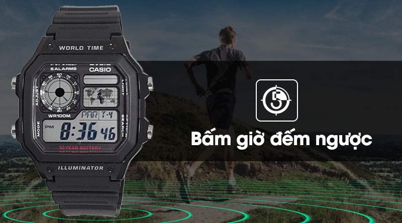 Đồng hồ đếm ngược với khả năng lên tới 24 giờ trên Casio AE-1200WH-1AVDF