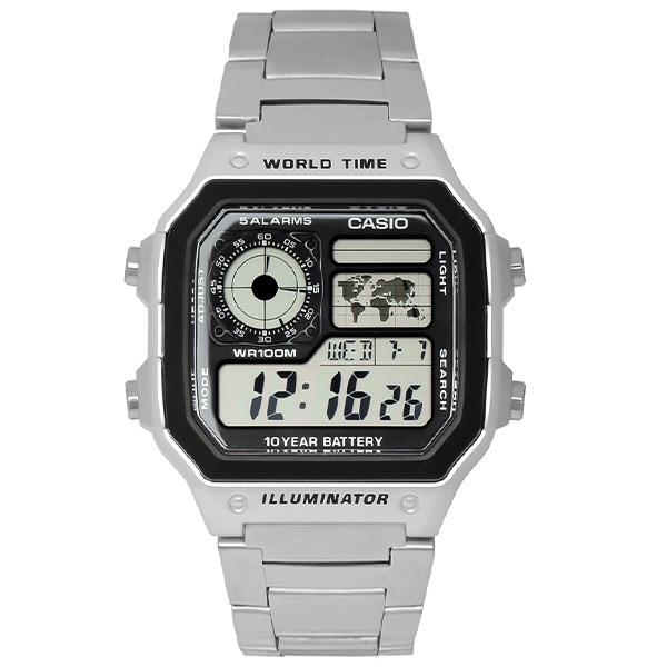 Đồng hồ Casio nam AE-1200WHD-1AVDF mặt chữ nhật bạc, dây hợp kim, có nhiều múi giờ, bền bỉ chống nước