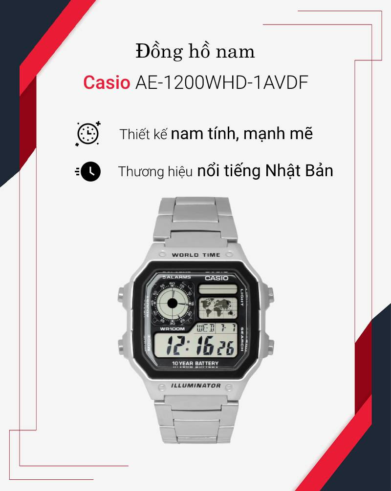 Vẻ ngoài hiện đại và đẳng cấp của đồng hồ Casio AE-1200WHD-1AVDF