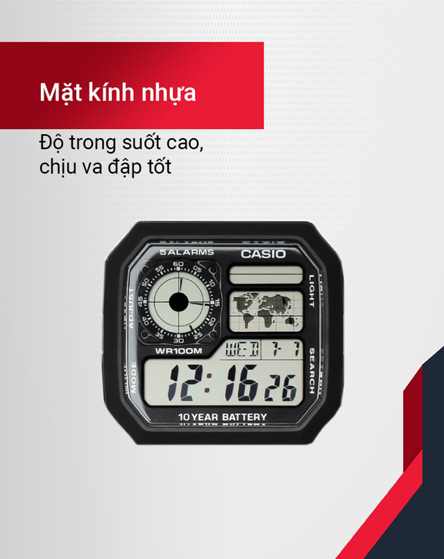 Mặt kính và màn hình đa thông tin của đồng hồ Casio AE-1200WHD-1AVDF