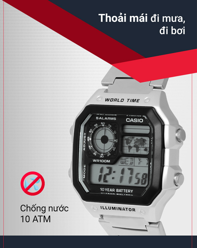 Đồng hồ Casio AE-1200WHD-1AVDF với độ chống nước 10 ATM