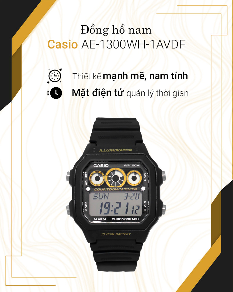 Góc nhìn nghiêng của đồng hồ Casio AE-1300WH-1AVDF thể hiện độ bền của vỏ nhựa PC