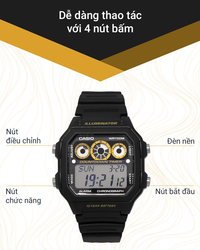 Các nút bấm chức năng tiện lợi trên đồng hồ Casio AE-1300WH-1AVDF
