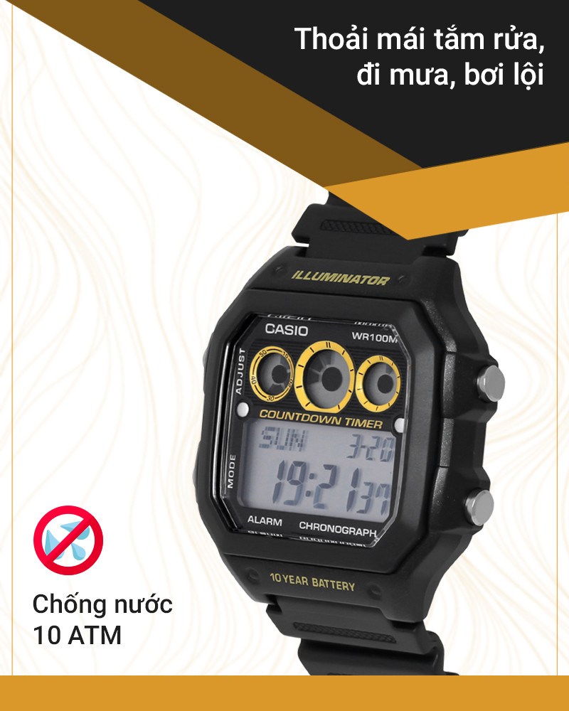 Đồng hồ Casio AE-1300WH-1AVDF với khả năng chống nước 10 ATM, phù hợp đi bơi