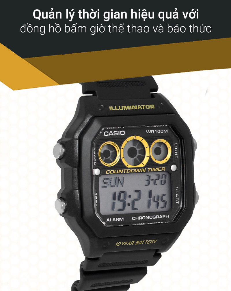 Màn hình đa chức năng của đồng hồ Casio AE-1300WH-1AVDF hiển thị nhiều tiện ích