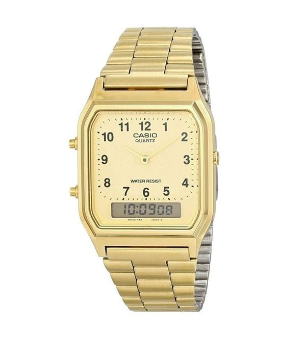Đồng hồ Casio AQ-230GA-9BMQ dây inox mạ vàng sang trọng, mặt chữ nhật vừa kim vừa điện tử