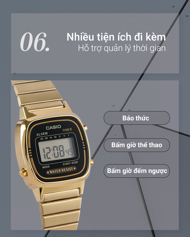 Đồng hồ Casio nữ LA670WGA-1DF với màn hình hiển thị đa chức năng tiện ích