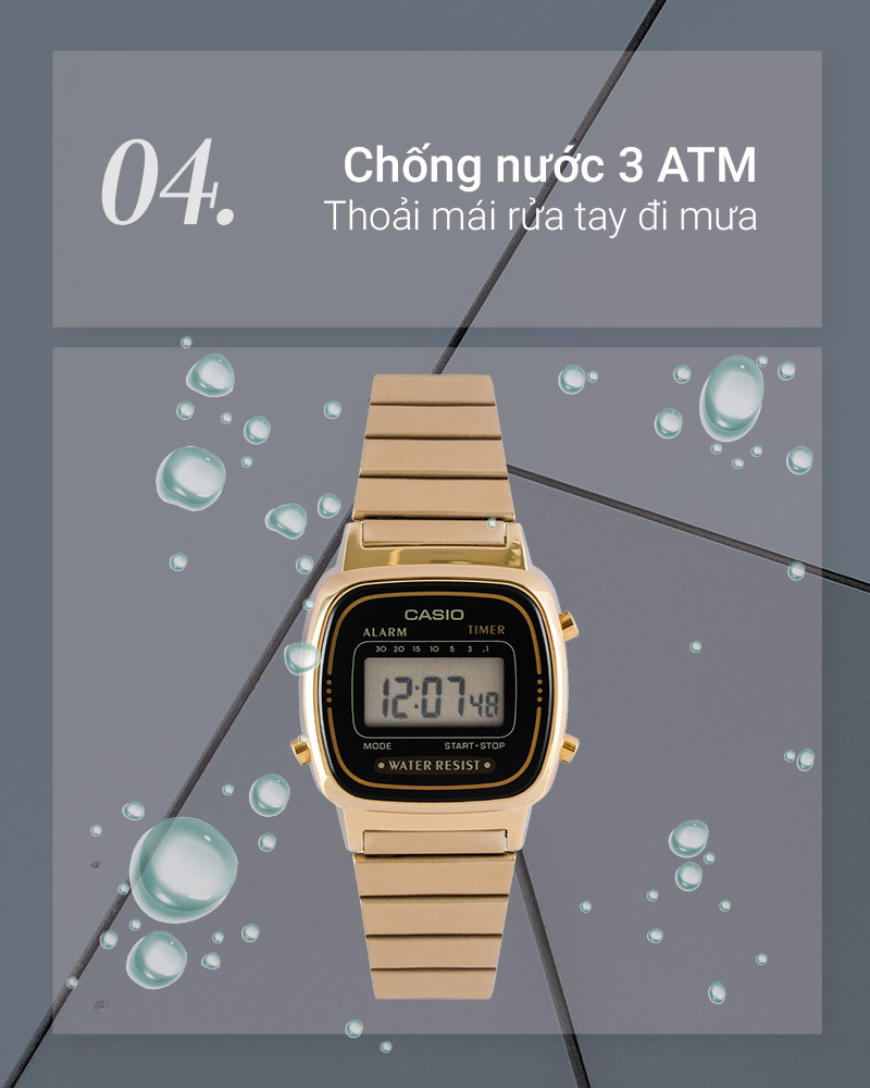 Khả năng chống nước 3 ATM của đồng hồ Casio LA670WGA-1DF nữ, phù hợp sử dụng hàng ngày