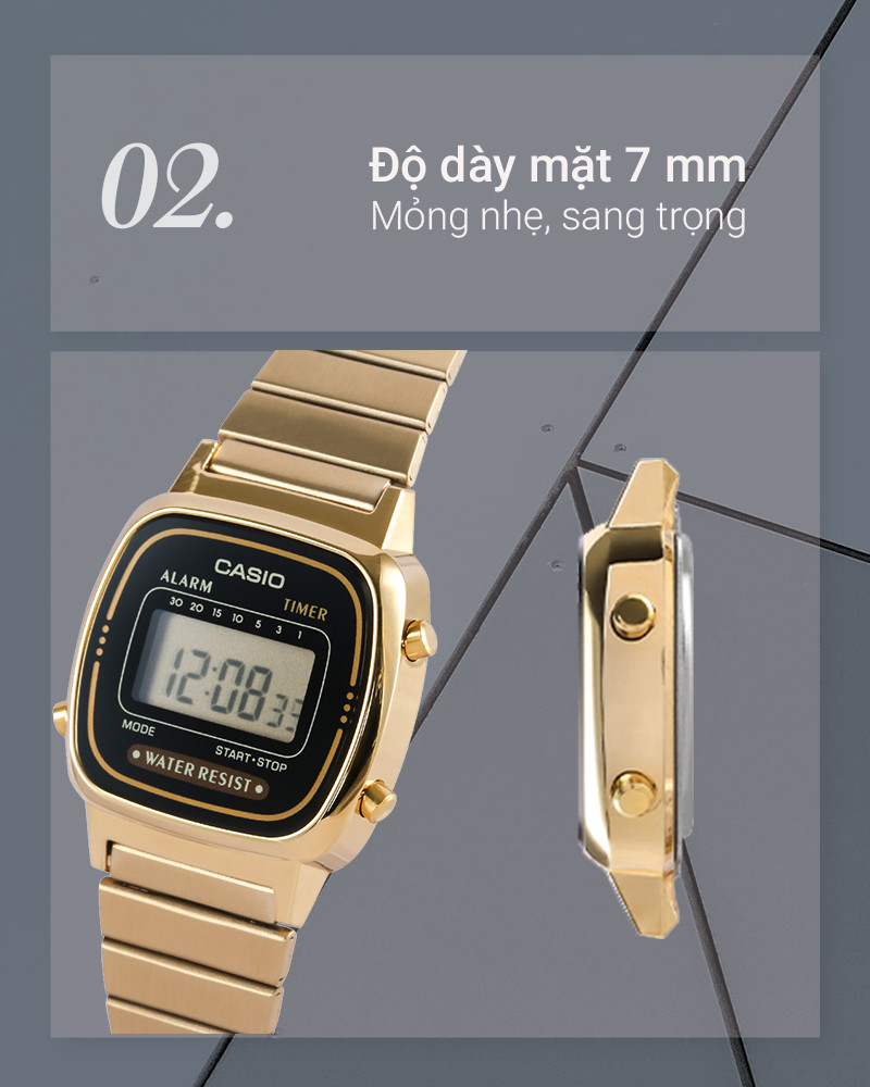 Đồng hồ Casio nữ LA670WGA-1DF với thiết kế mỏng nhẹ, ôm sát cổ tay