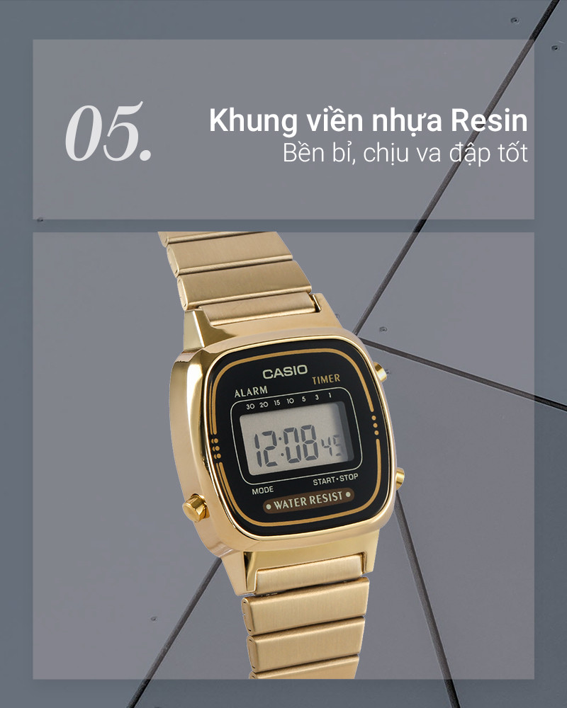 Khung viền chắc chắn của đồng hồ Casio LA670WGA-1DF nữ làm từ nhựa Resin bền bỉ