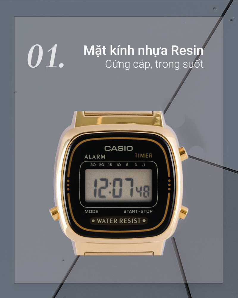 Mặt kính trong suốt của đồng hồ Casio LA670WGA-1DF nữ hiển thị rõ ràng