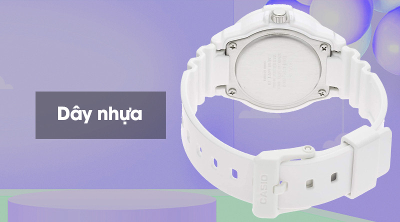 Dây đeo nhựa màu trắng của đồng hồ Casio LRW-200H-7E2VDF nữ, thể hiện sự nhẹ nhàng và khả năng chống thấm nước