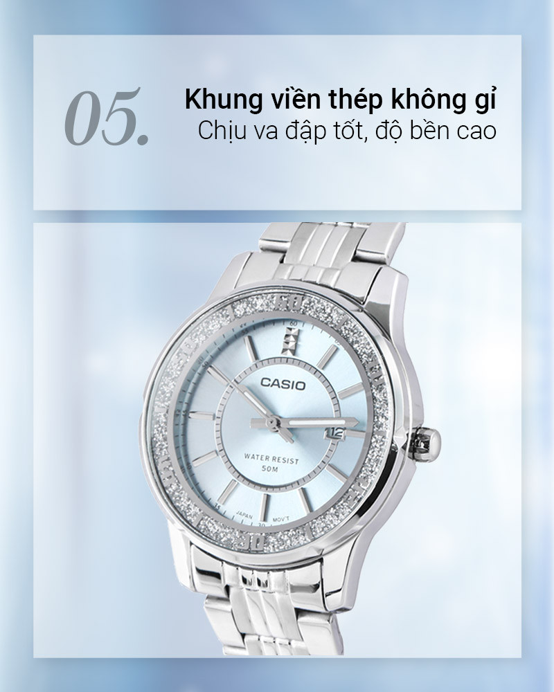 Khung viền thép không gỉ của đồng hồ Casio LTP-1358D-2AVDF cho nữ