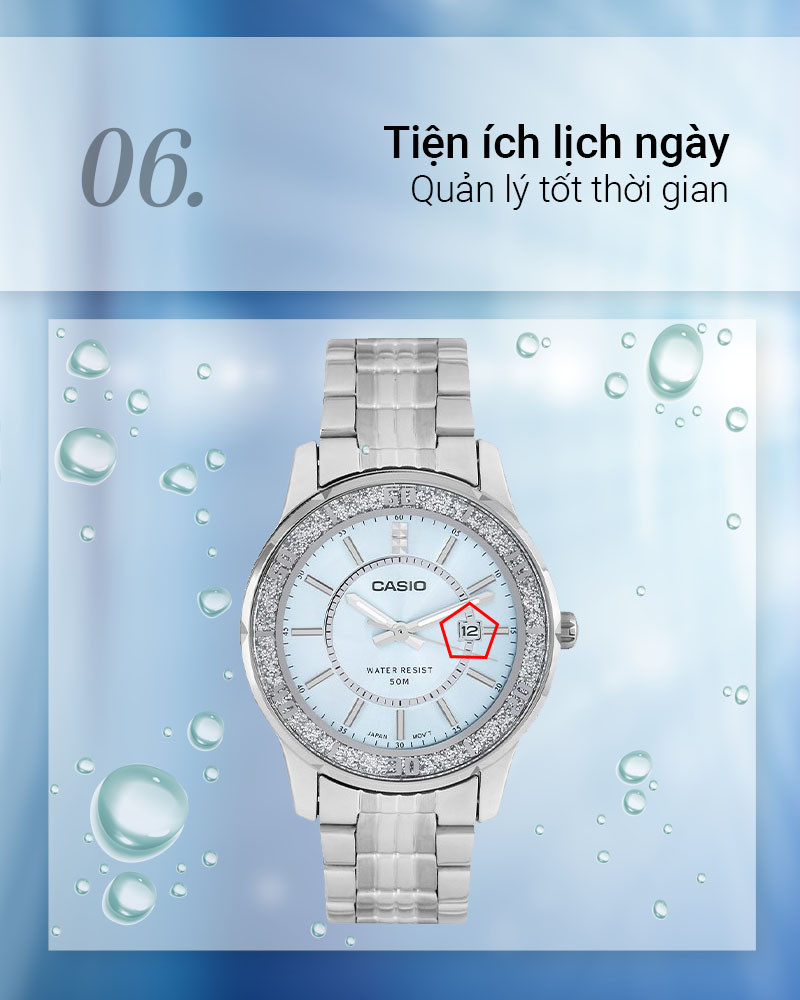 Cận cảnh ô lịch ngày tiện dụng trên đồng hồ Casio Nữ LTP-1358D-2AVDF