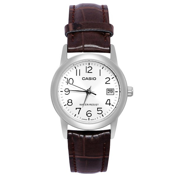Đồng hồ Casio LTP-V002L-7B2UDF mặt tròn 25mm và dây da nâu vân cá sấu