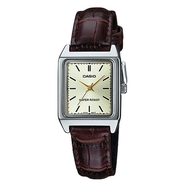 Đồng hồ Casio LTP-V007L-9EUDF mặt vuông nhỏ 22mm, dây da nâu vân cá sấu