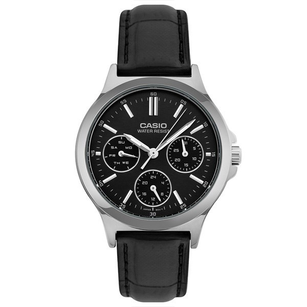 Đồng hồ Casio nữ LTP-V300L-1AUDF dây da đen, với 3 mặt số phụ, là sản phẩm chất lượng trong ưu đãi mua 1 tặng 1 đồng hồ.