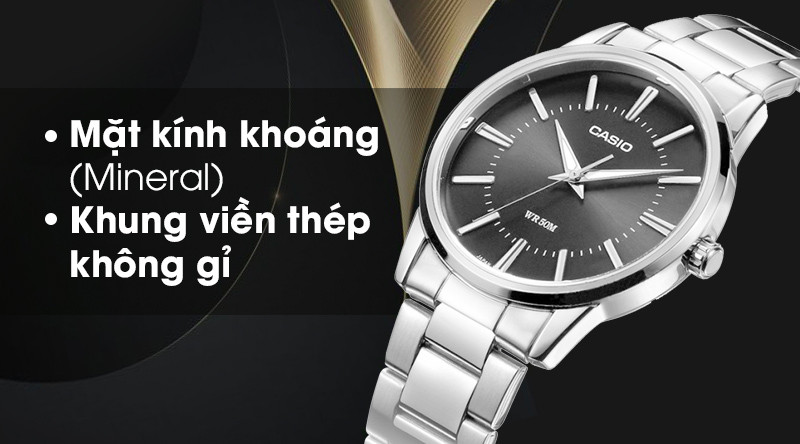 Cận cảnh mặt kính và khung viền đồng hồ Casio MTP-1303D-1AVDF nam cho độ bền cao