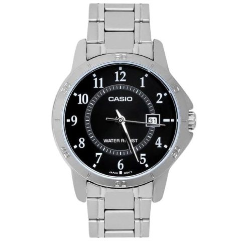 Đồng hồ Casio MTP-V004D-1BUDF nam với mặt số đen và dây kim loại sáng bóng, thể hiện sự lịch lãm