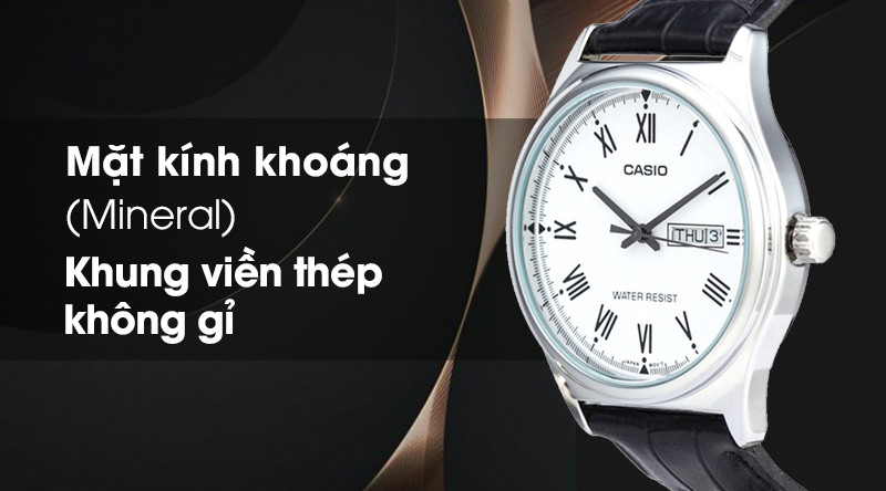 Cận cảnh mặt đồng hồ Casio MTP-V006L-7BUDF nam, thể hiện sự bền bỉ của lớp vỏ.