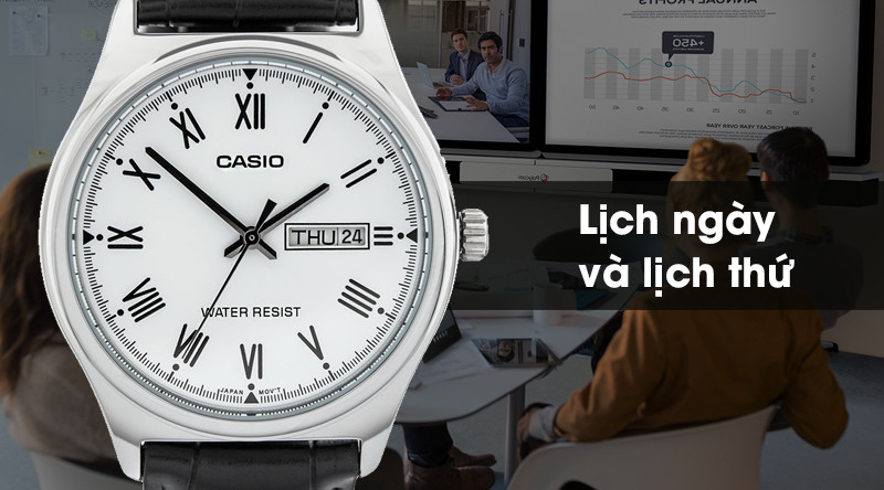 Mặt đồng hồ Casio MTP-V006L-7BUDF nam hiển thị lịch thứ và ngày tiện lợi.