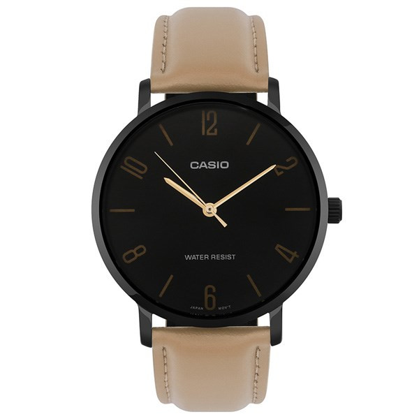 Đồng hồ Casio nam MTP-VT01BL-1BUDF mặt đen, dây da tối giản, là một phần của chương trình mua 1 tặng 1 đồng hồ Casio.