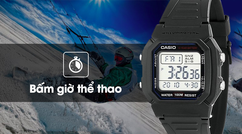 Màn hình hiển thị tính năng bấm giờ thể thao trên đồng hồ Casio W-800H-1AVDF