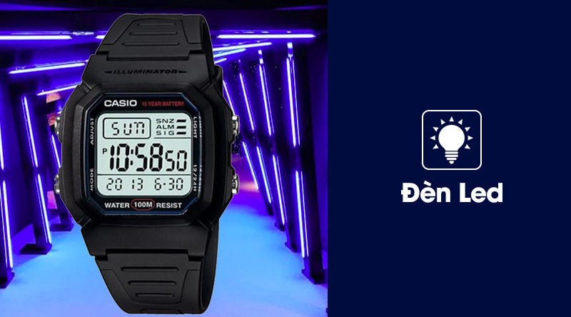 Đồng hồ Casio W-800H-1AVDF với đèn LED cực tím chiếu sáng trong bóng tối
