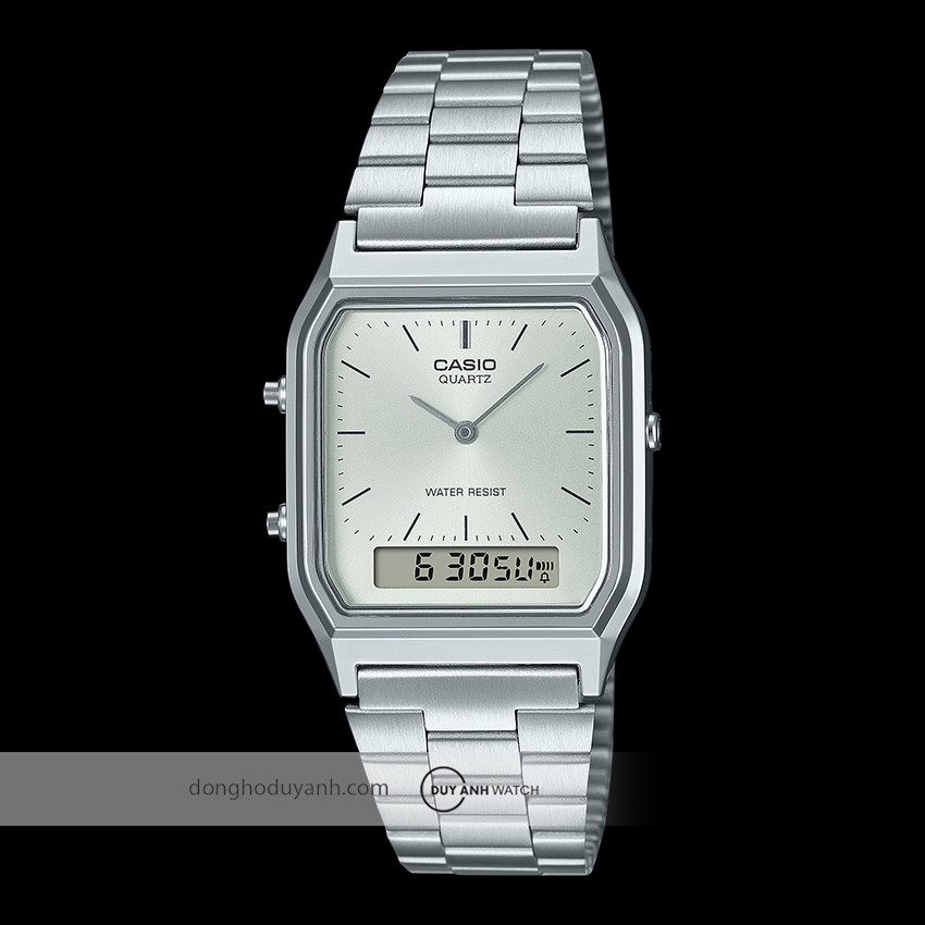 Mẫu đồng hồ Casio AQ230A-7AVT với mặt bạc và dây kim loại, kiểu dáng đồng hồ học sinh nữ đẹp, tinh tế.