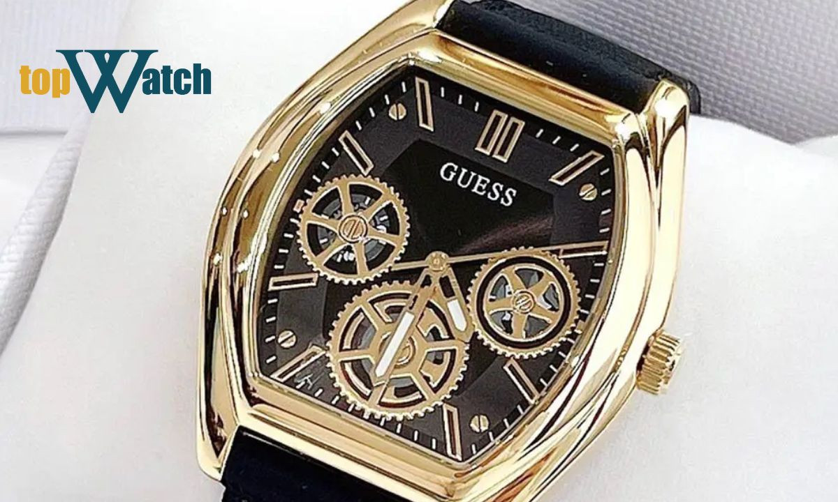 Đồng hồ Guess mặt vàng hồng và dây da cao cấp, minh họa chất liệu thép không gỉ và dây da của đồng hồ Guess