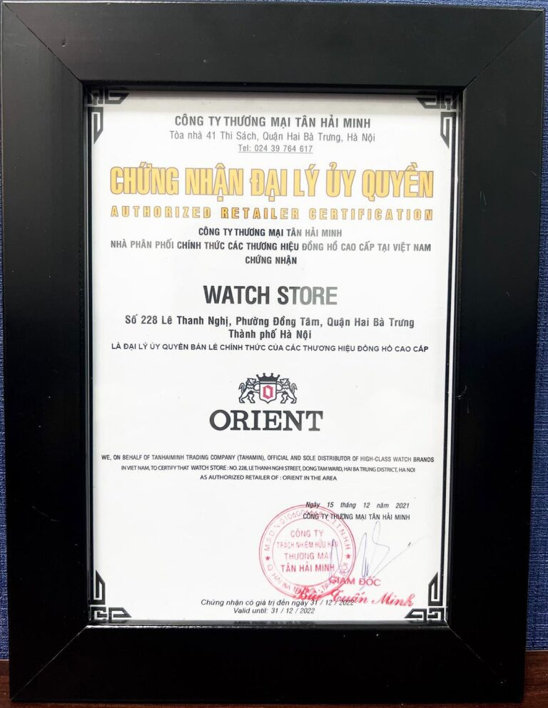 Giấy chứng nhận WatchStore là đại lý đồng hồ chính hãng Orient, khẳng định phân phối sản phẩm authentic