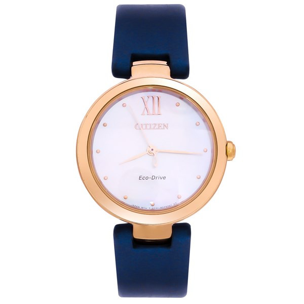 Đồng hồ Citizen nữ mặt tròn dây da EM0533-15D thanh lịch, mặt khảm xà cừ.