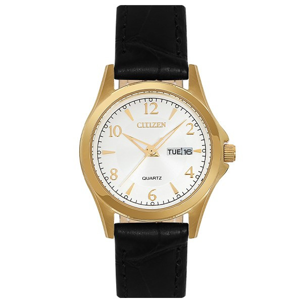 Đồng hồ Citizen nữ mặt tròn dây da EQ0593-26A hiển thị lịch thứ và ngày tiện lợi.
